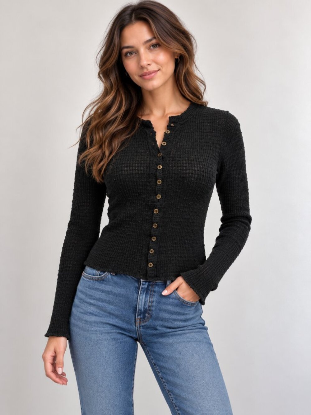 We The Free M Black Thermal Knit Button Front Cardigan Grunge Boho Top